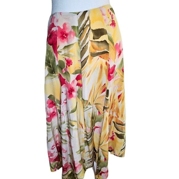 Peter Nygard Silk Pleated Skirt Womens 12 Yellow Lined Zip Knee Length Floral - Picture 2 of 11
